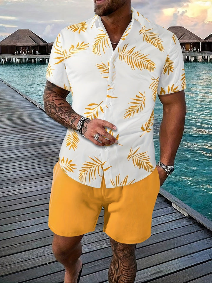 Stylish men's abstract geometric short-sleeve top and shorts set, ideal for a casual summer vacation.