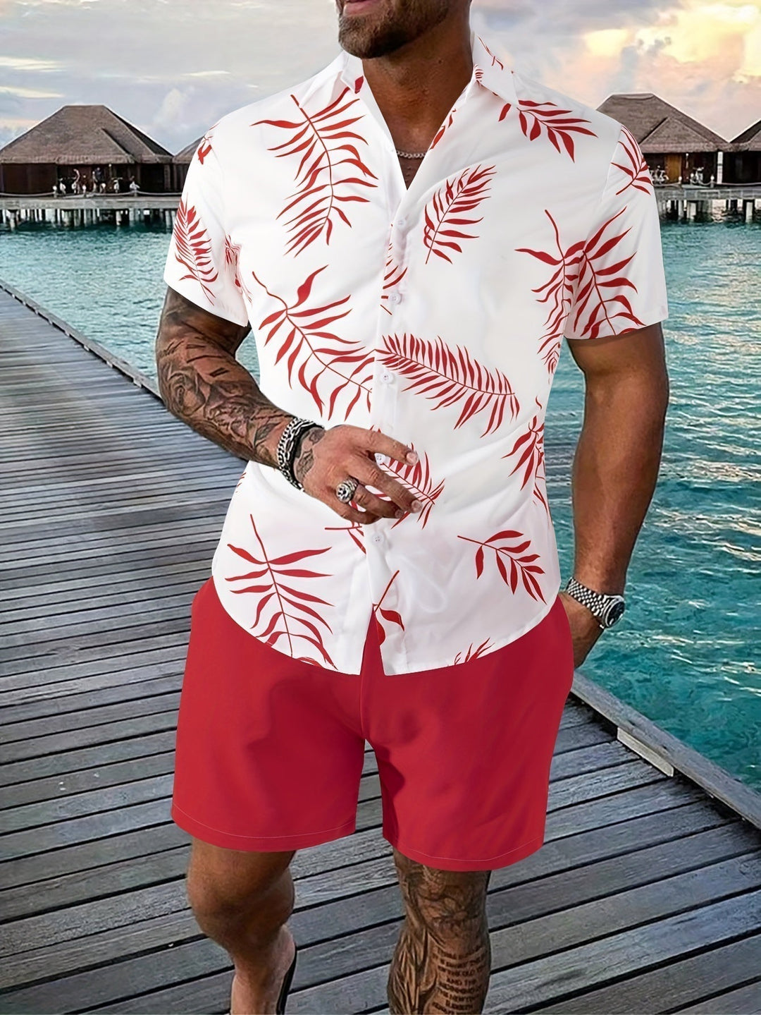 Comfortable men's two-piece casual set with abstract art print, short sleeves for summer wear.