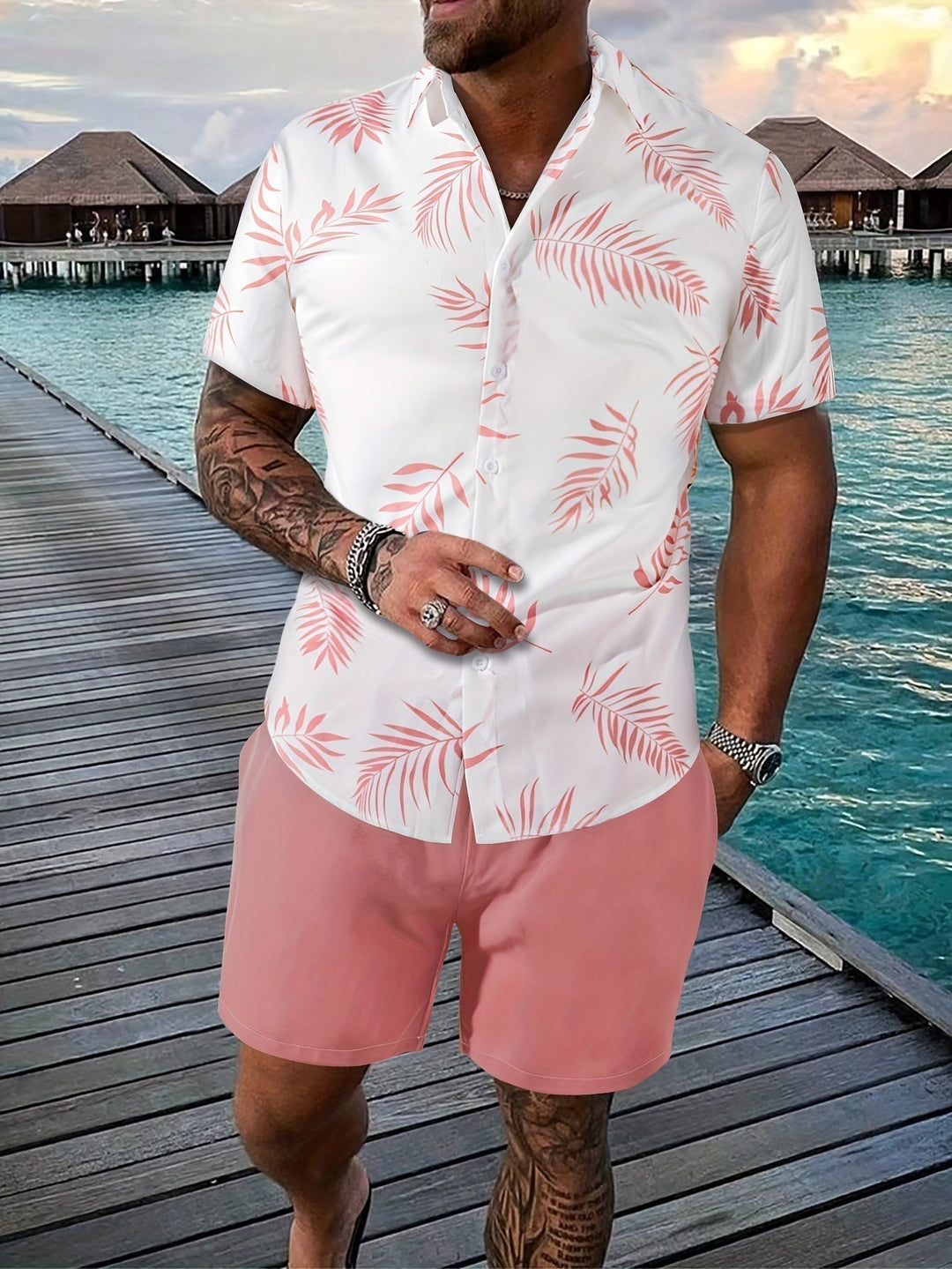 Men's summer vacation outfit: abstract pattern short-sleeve shirt and matching shorts two-piece set.
