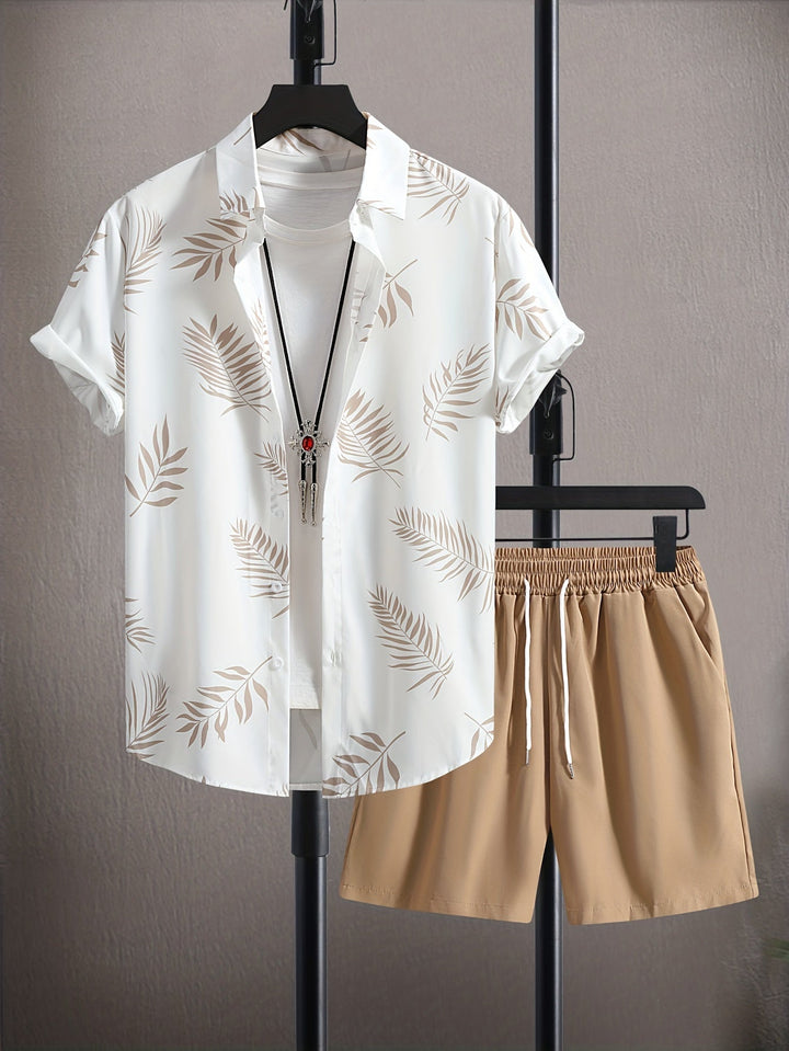 Men's abstract print short-sleeve shirt and matching pull-on shorts, a relaxed summer two-piece set.