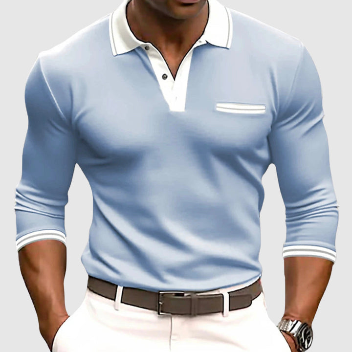 Men's active long sleeve polo shirt with stylish contrast collar, ideal for smart casual or golf.