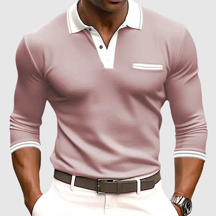 Men's long sleeve active wear polo shirt for golf or casual everyday comfort. Modern style.