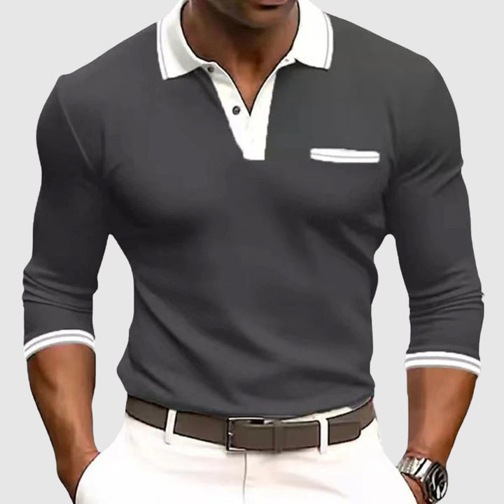 Versatile men's long sleeve polo shirt with a modern contrast collar. Perfect for casual or smart-casual fashion.