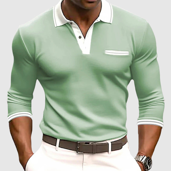 Men's golf long sleeve polo shirt featuring a stylish contrast collar, great for active and casual wear.