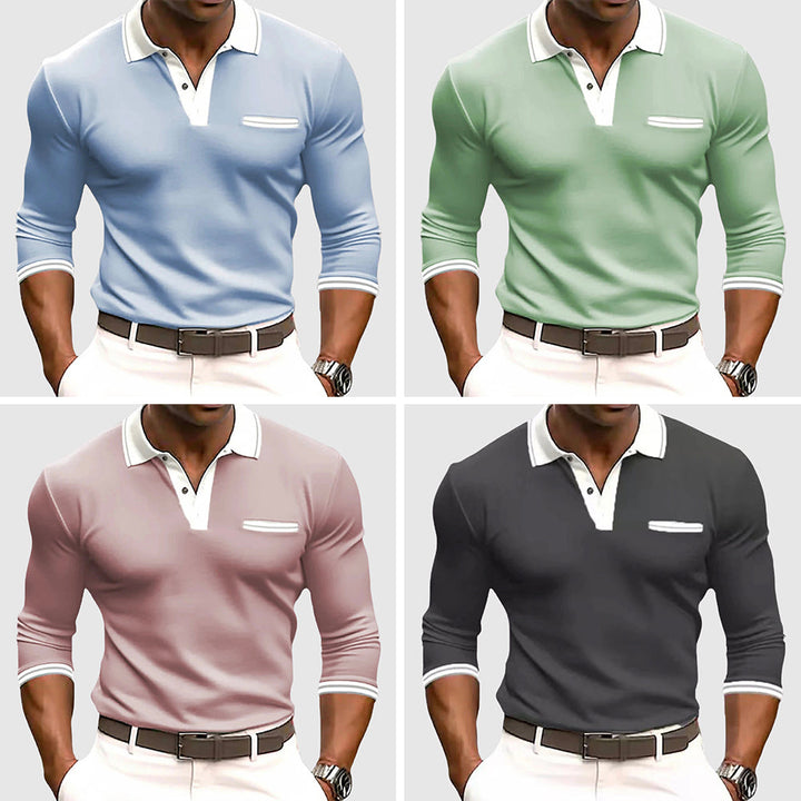 Smart casual men's long sleeve polo shirt. Activewear top with contrast collar for versatile everyday fashion.
