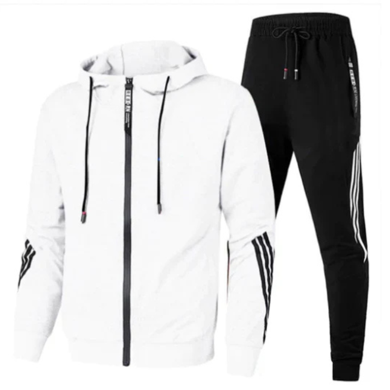 Full view of a men's two-piece tracksuit set, including a full-zip hoodie and jogger pants.