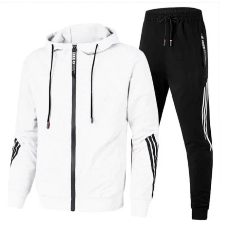 Full view of a men's two-piece tracksuit set, including a full-zip hoodie and jogger pants.