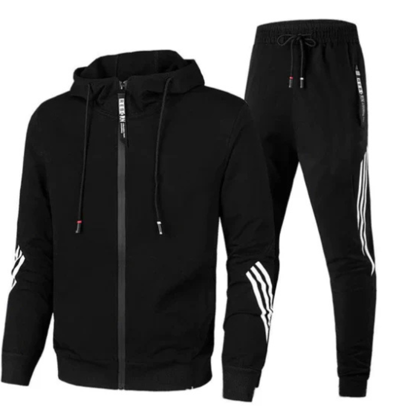 Close-up on the detail of a men's active tracksuit set zip hoodie and drawstring joggers.