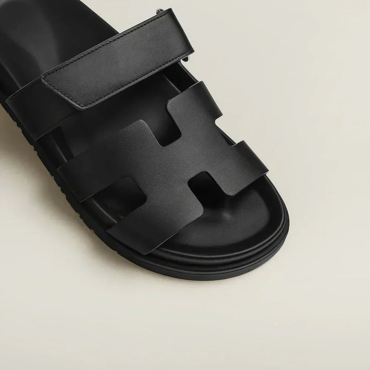 Close-up of mens summer sandals with adjustable strap detail