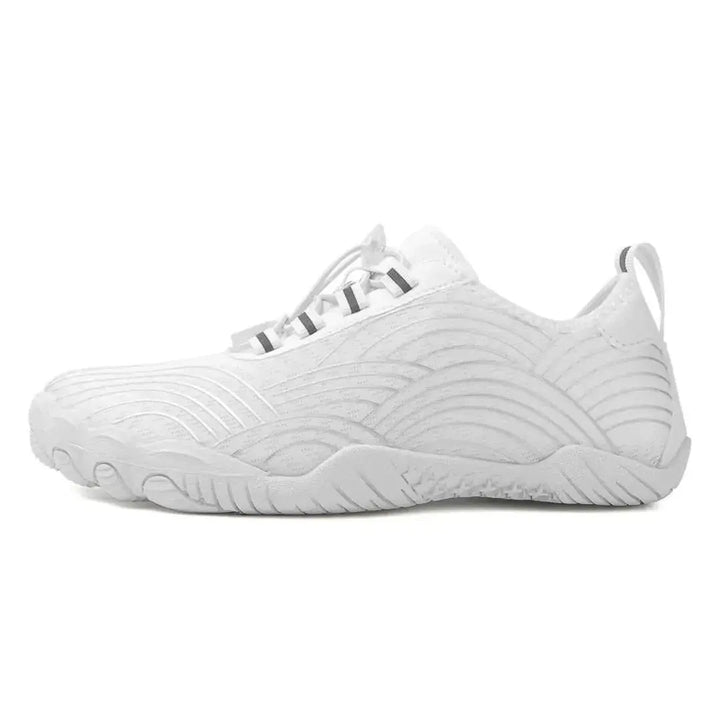 Close-up of the lace-up closure on minimalist barefoot sneakers
