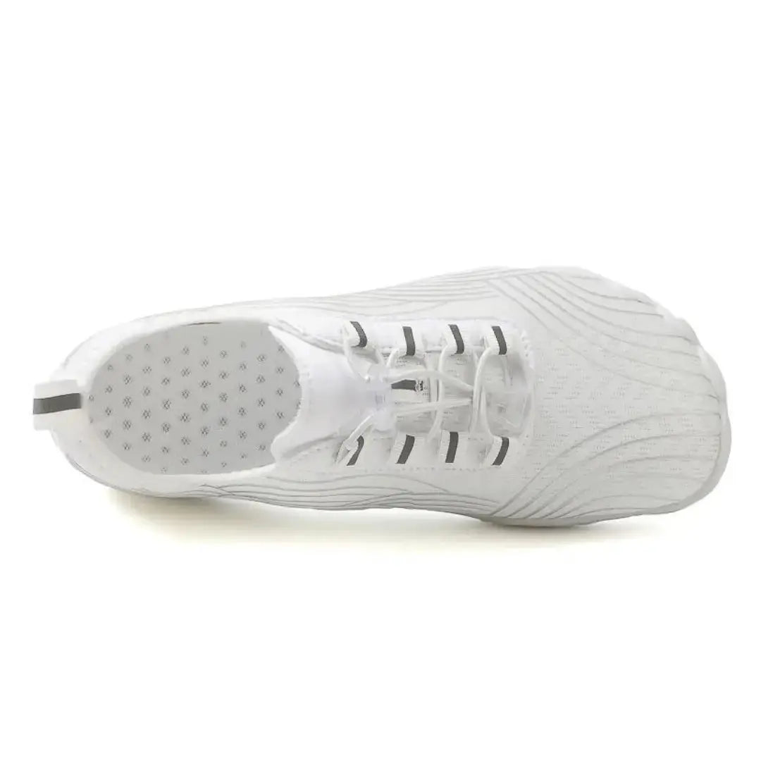 Front view of unisex lace-up barefoot shoes with a roomy toe box