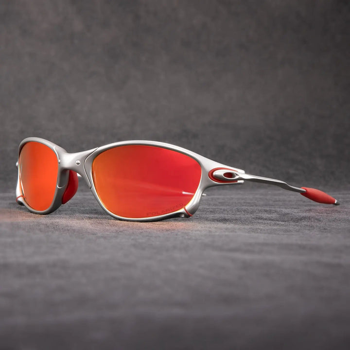 Men's and women's polarized sport sunglasses with a metallic frame and red lenses.