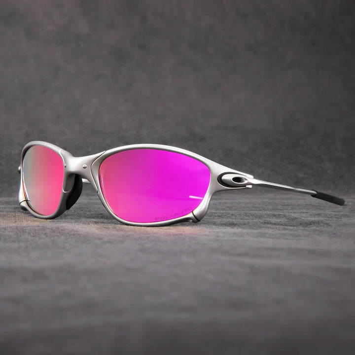 Unisex sport sunglasses featuring a stylish metallic frame and vibrant red polarized lenses.