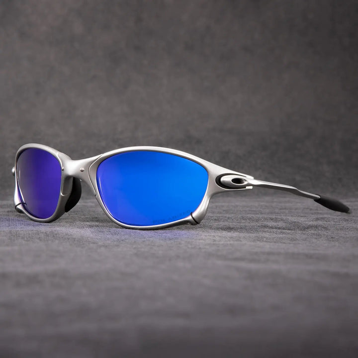 Close-up of metallic frame sport sunglasses with polarized red lenses, offering UV protection.