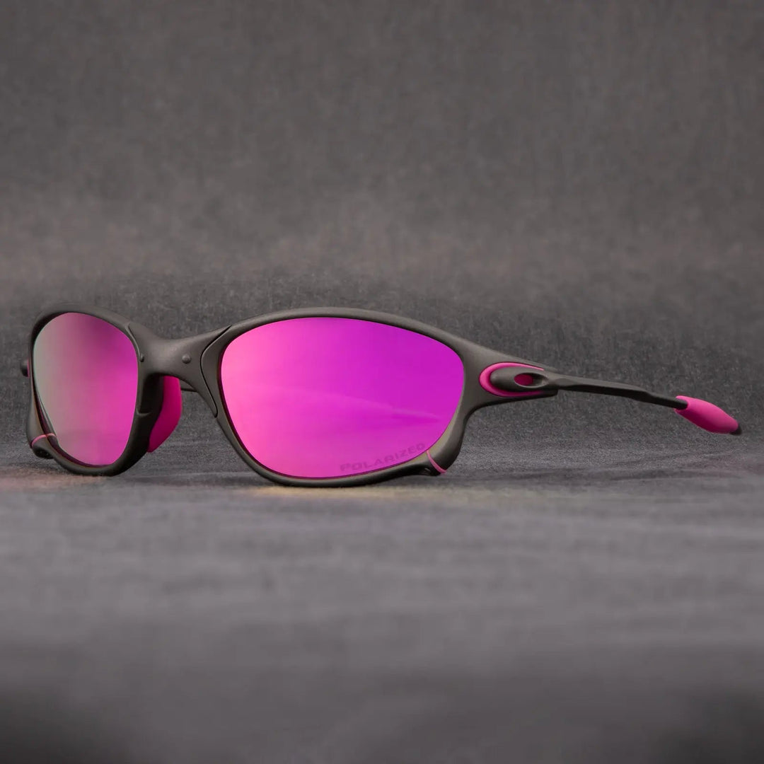 Metallic frame polarized sunglasses designed for sports, with unisex appeal and red lenses.
