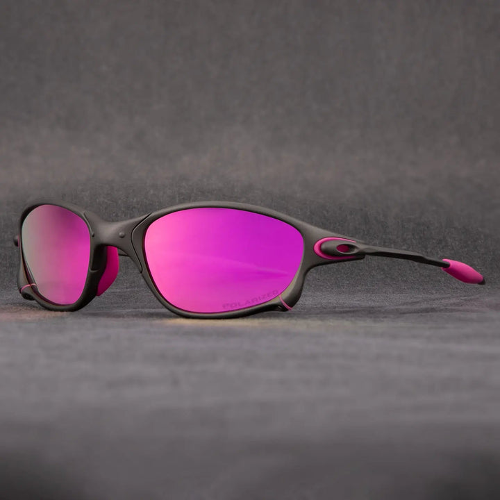 Metallic frame polarized sunglasses designed for sports, with unisex appeal and red lenses.