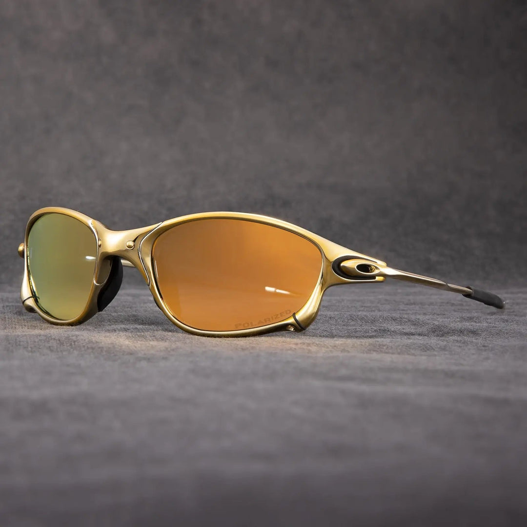 Durable sport sunglasses with a metallic frame and polarized red lenses, ideal for driving.
