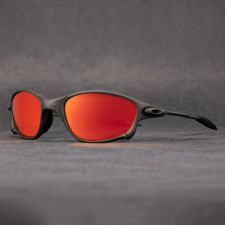 Fashionable unisex eyewear: metallic frame sport sunglasses with striking red polarized lenses.