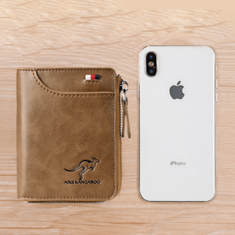 Stylish dark brown leather wallet for men, featuring anti-theft design