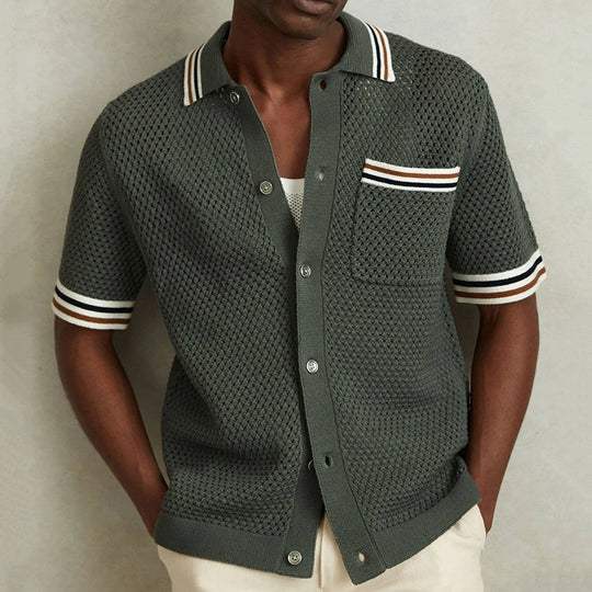 Men's army green textured diamond weave polo shirt. Short sleeve, button-front, smart casual style for everyday wear.