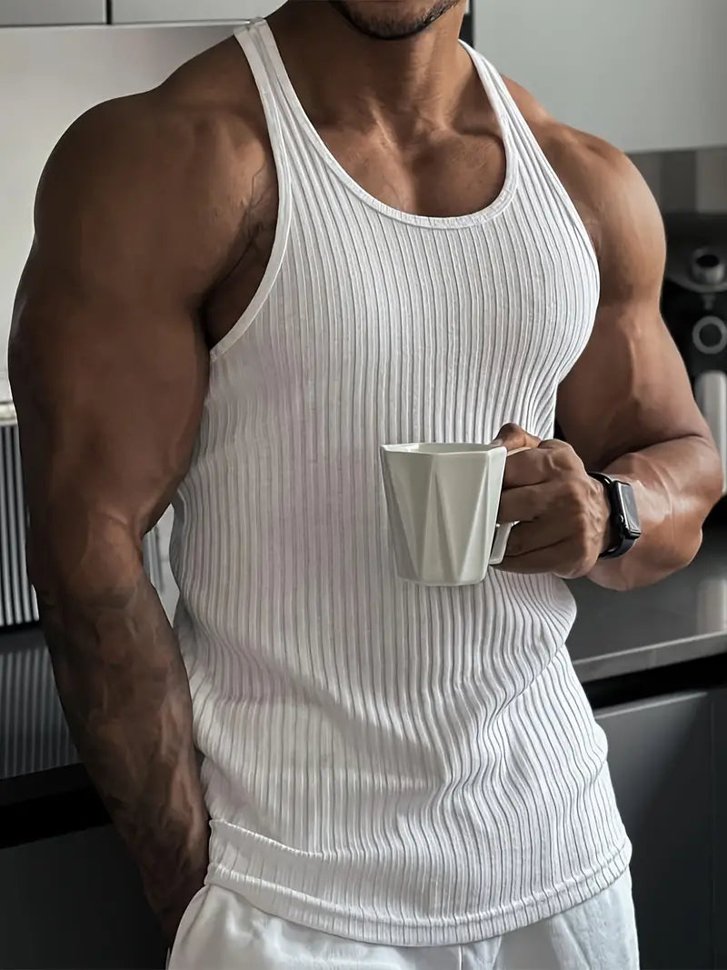 Men's athletic body fit tank top for gym workouts. Sleeveless performance apparel, perfect for fitness training.
