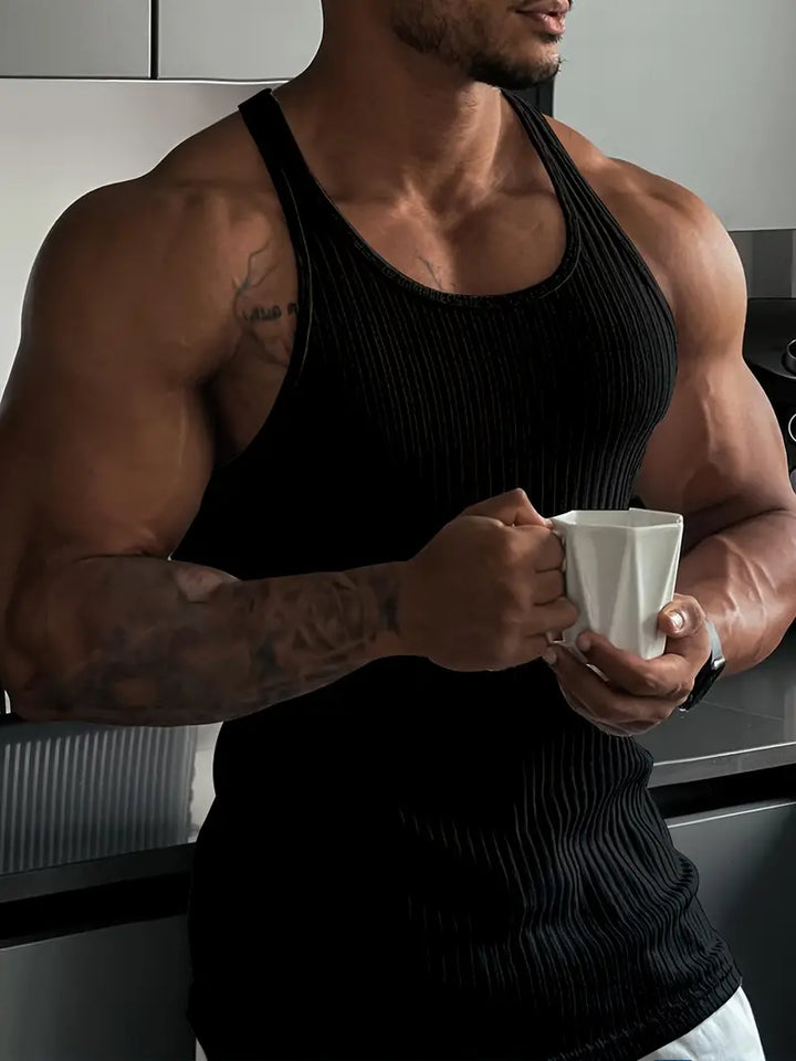 Sleek men's body fit tank top. Stylish sleeveless gym wear, great for active performance.