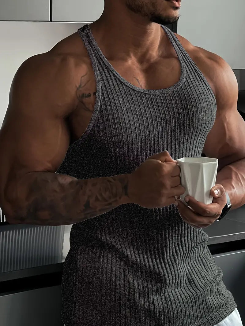 Lightweight men's body fit tank top. Breathable performance apparel, ideal for active summer fitness.