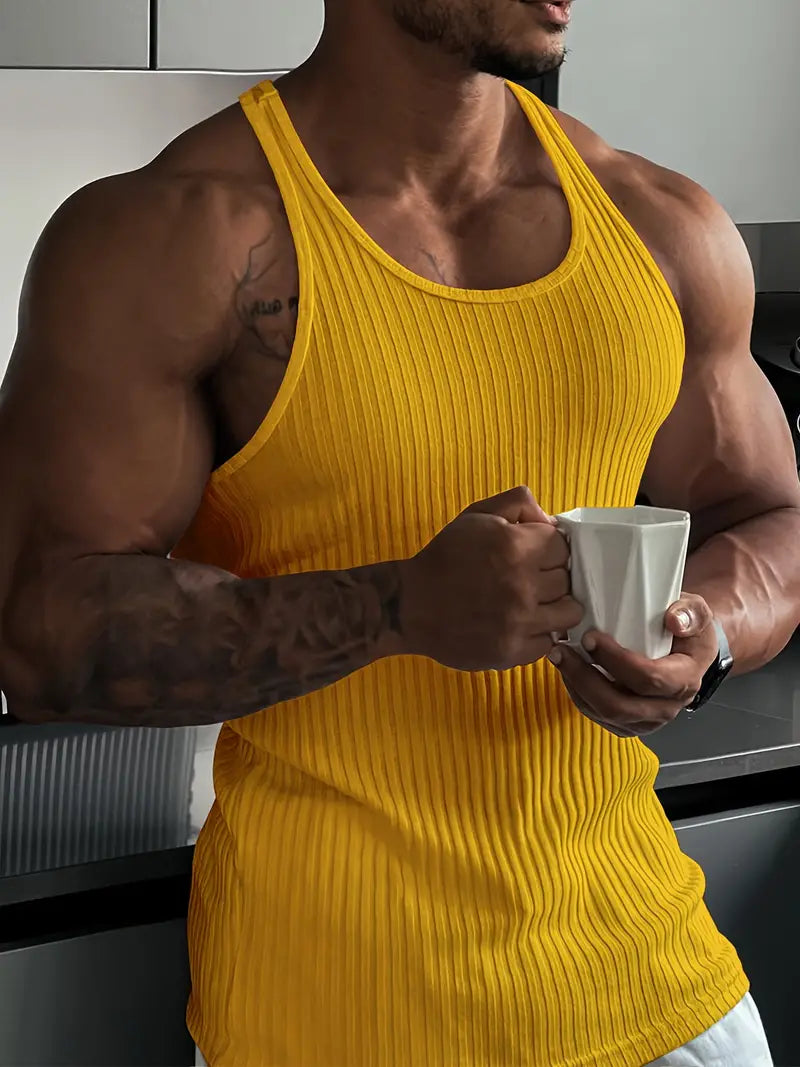 Men's athletic workout tank top, sleek body fit. Perfect sleeveless performance shirt for active men.