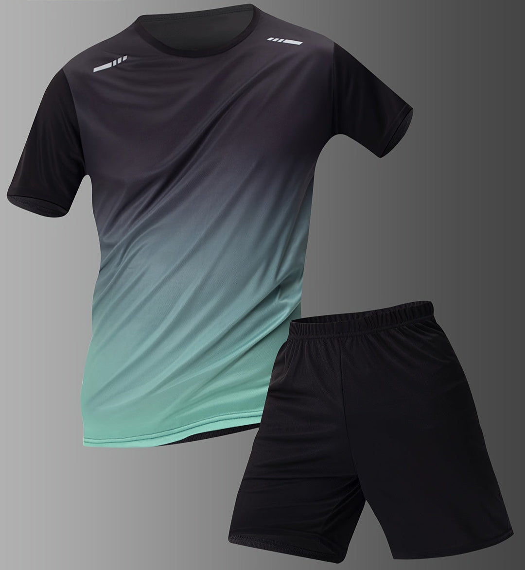 Men's athletic gradient sports t-shirt and shorts set, ideal for gym workouts & summer training, quick dry fabric.