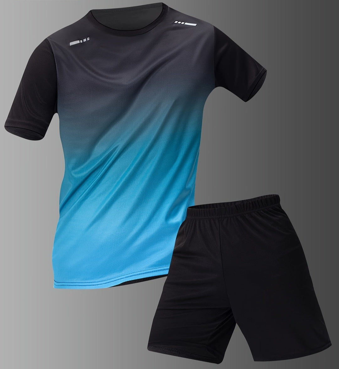 Complete men's workout set: gradient sports t-shirt & shorts. Perfect for summer activewear, gym, and training.