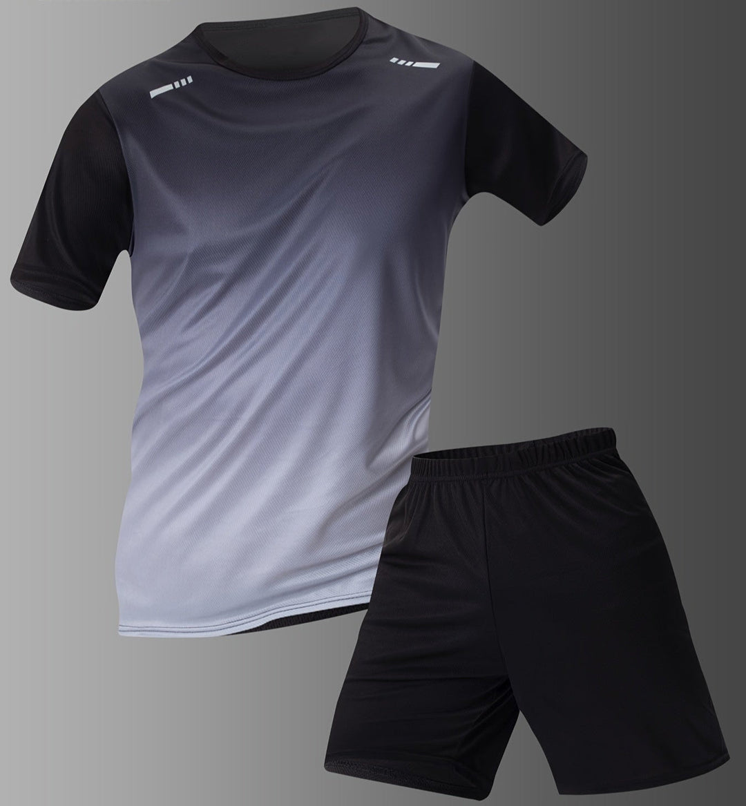 Stylish men's gradient sportswear set featuring a quick-dry athletic t-shirt & shorts, ideal for gym and active training.