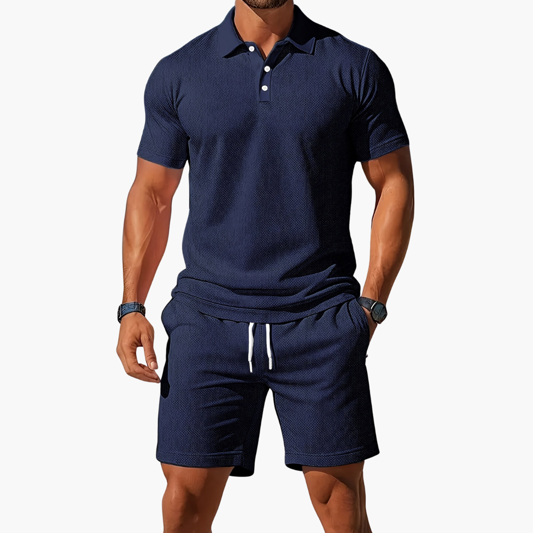 Close-up of the breathable fabric on the men's summer polo shirt.