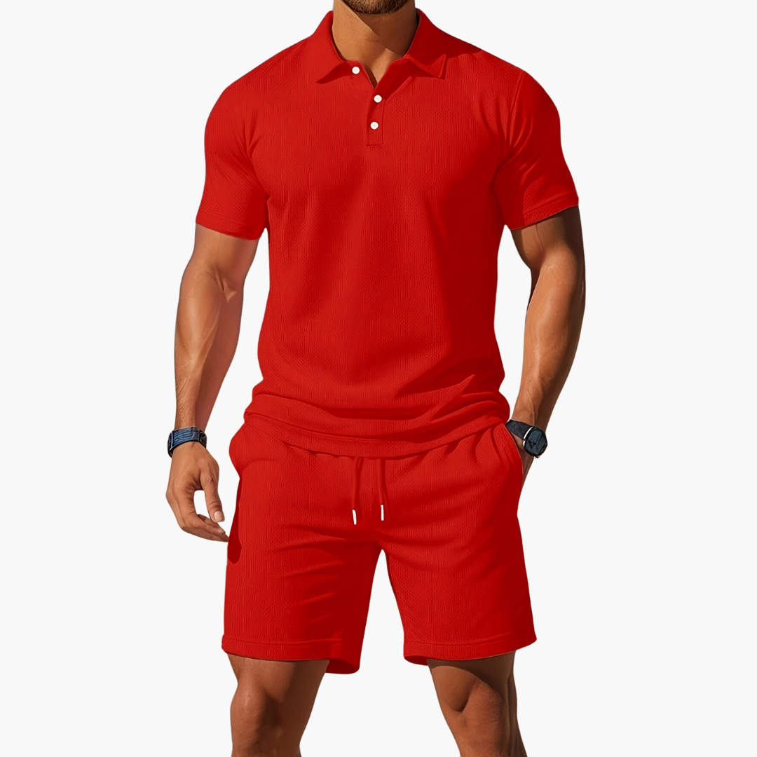 Comfortable men's summer wear: polo shirt and matching shorts.