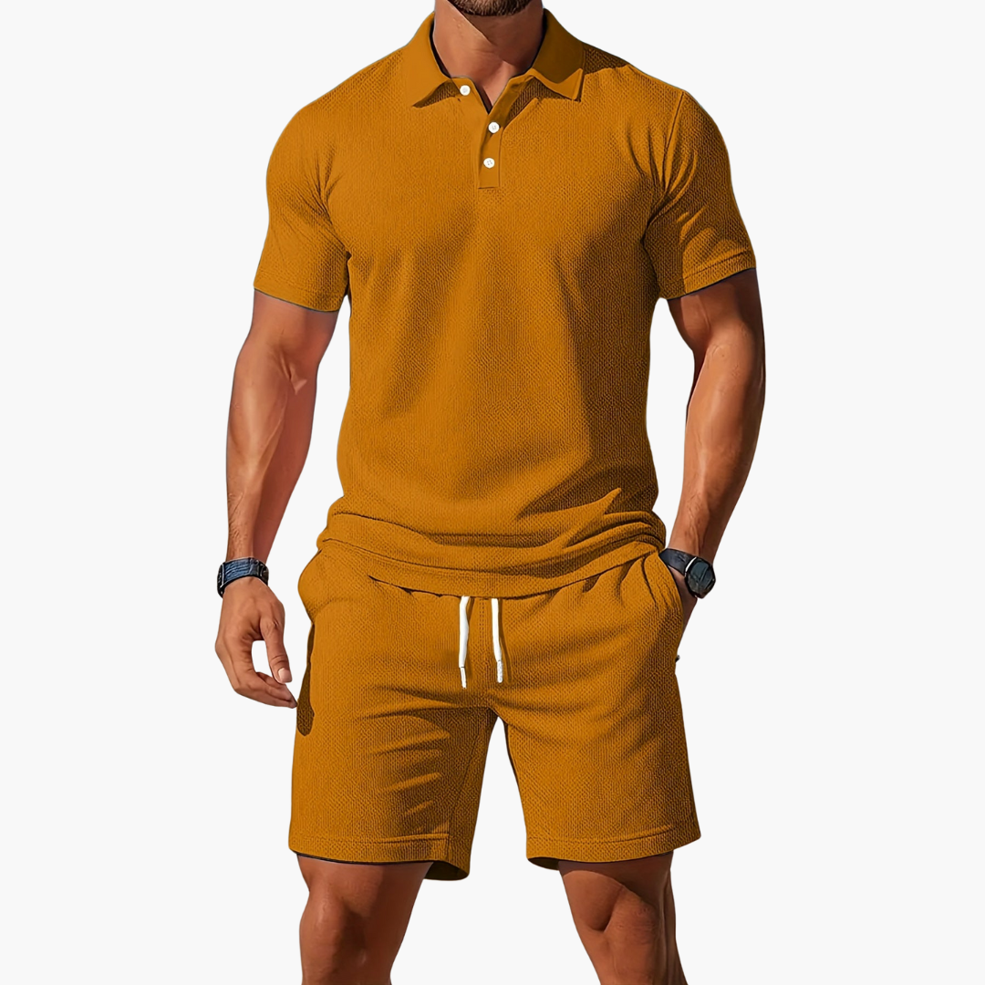 Green men's athletic polo shirt and shorts set for casual fashion.