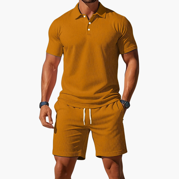 Green men's athletic polo shirt and shorts set for casual fashion.