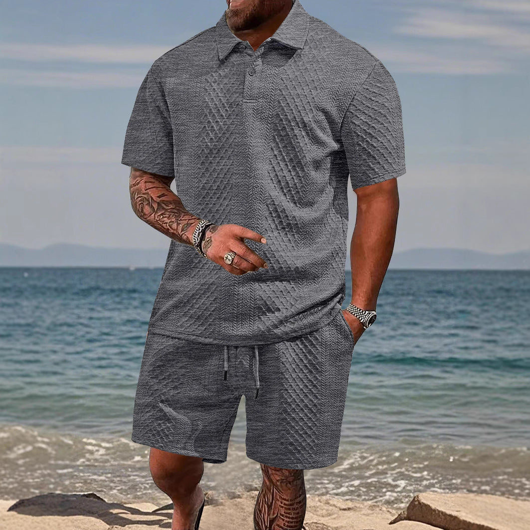 Men's athletic polo shirt & shorts set in blue, perfect for casual summer wear & sports.