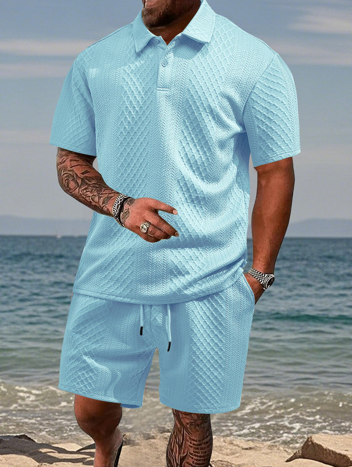 Sporty men's two-piece outfit: comfortable polo and matching shorts for active summers.