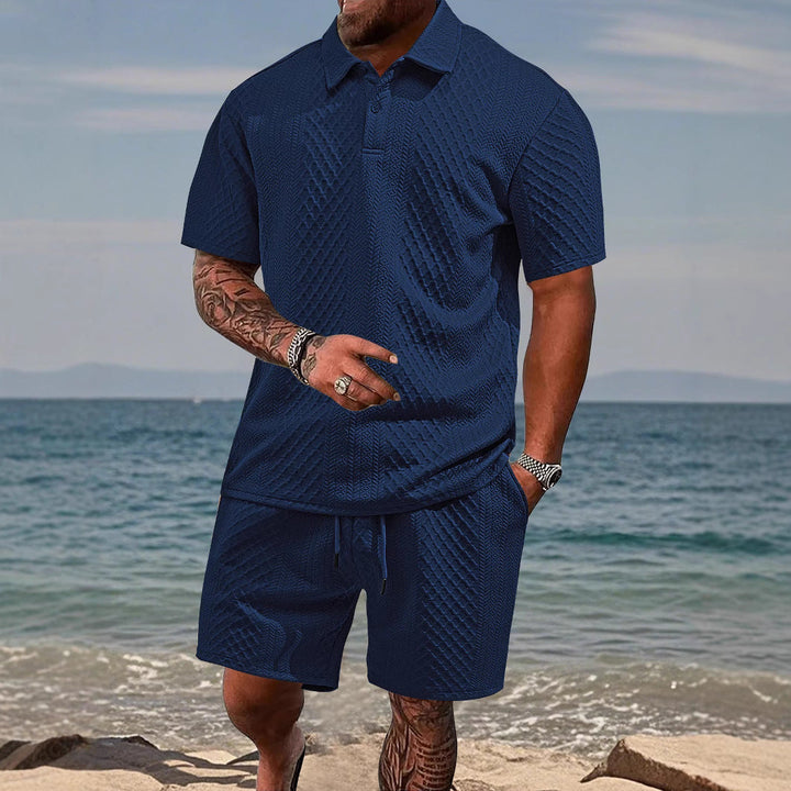 Athletic men's polo shirt and shorts combination, designed for comfort and style.