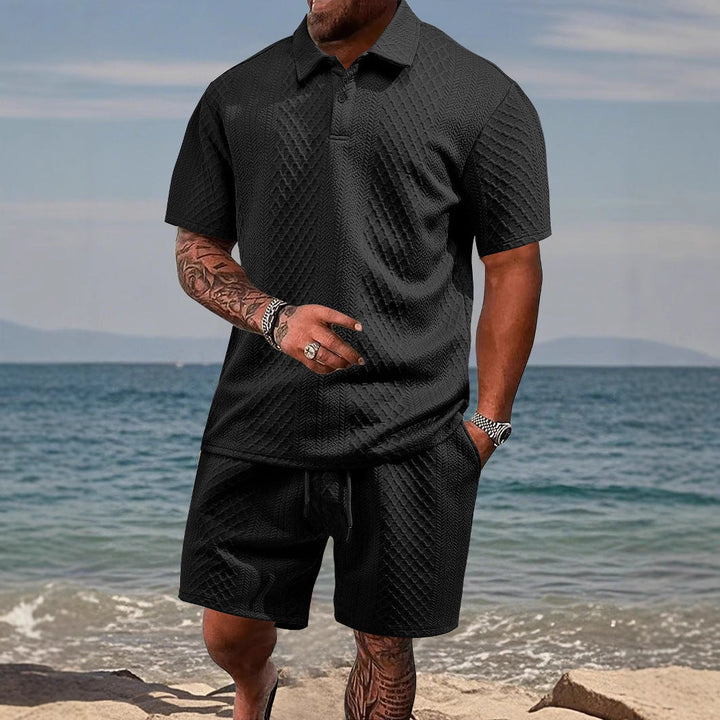 Men's activewear set: quick-dry polo and breathable shorts, great for workouts or leisure.