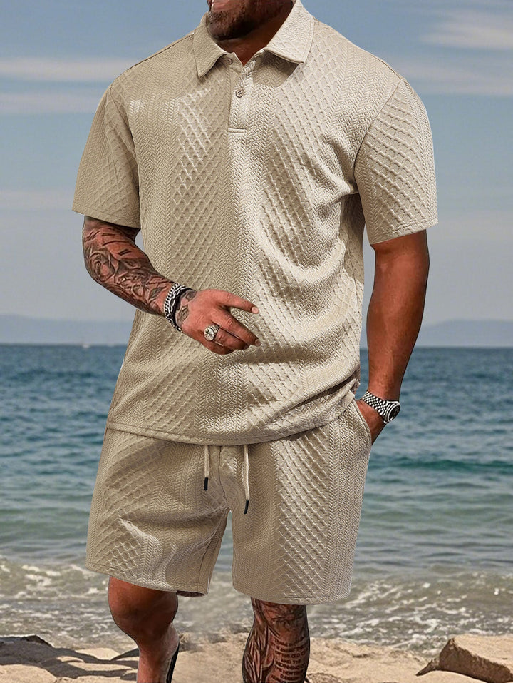 Breathable men's athletic two-piece set for summer, including a sport polo and casual shorts.
