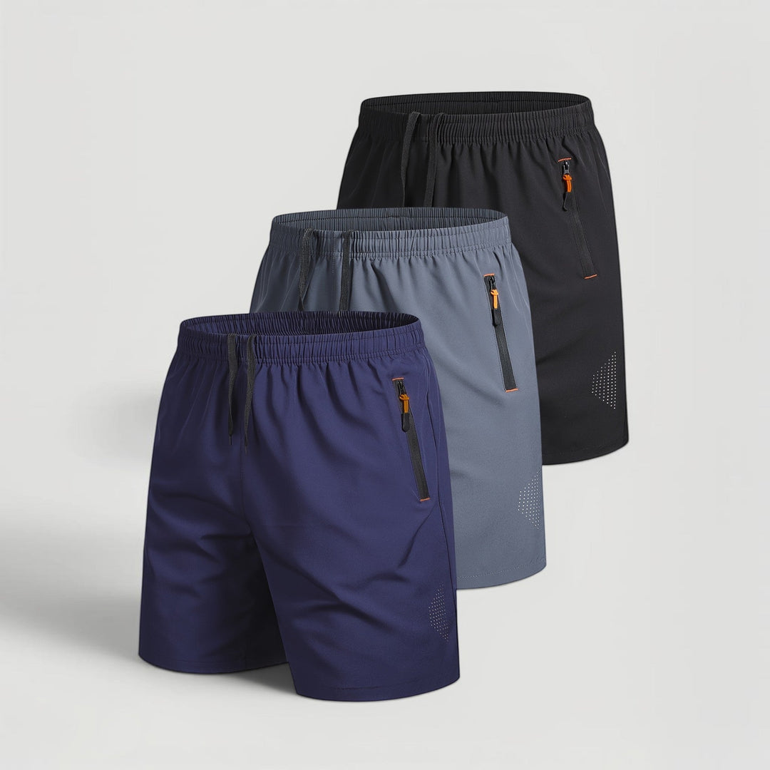 Men's multi-color 3-pack of athletic shorts, featuring secure zip pockets for all your essentials.