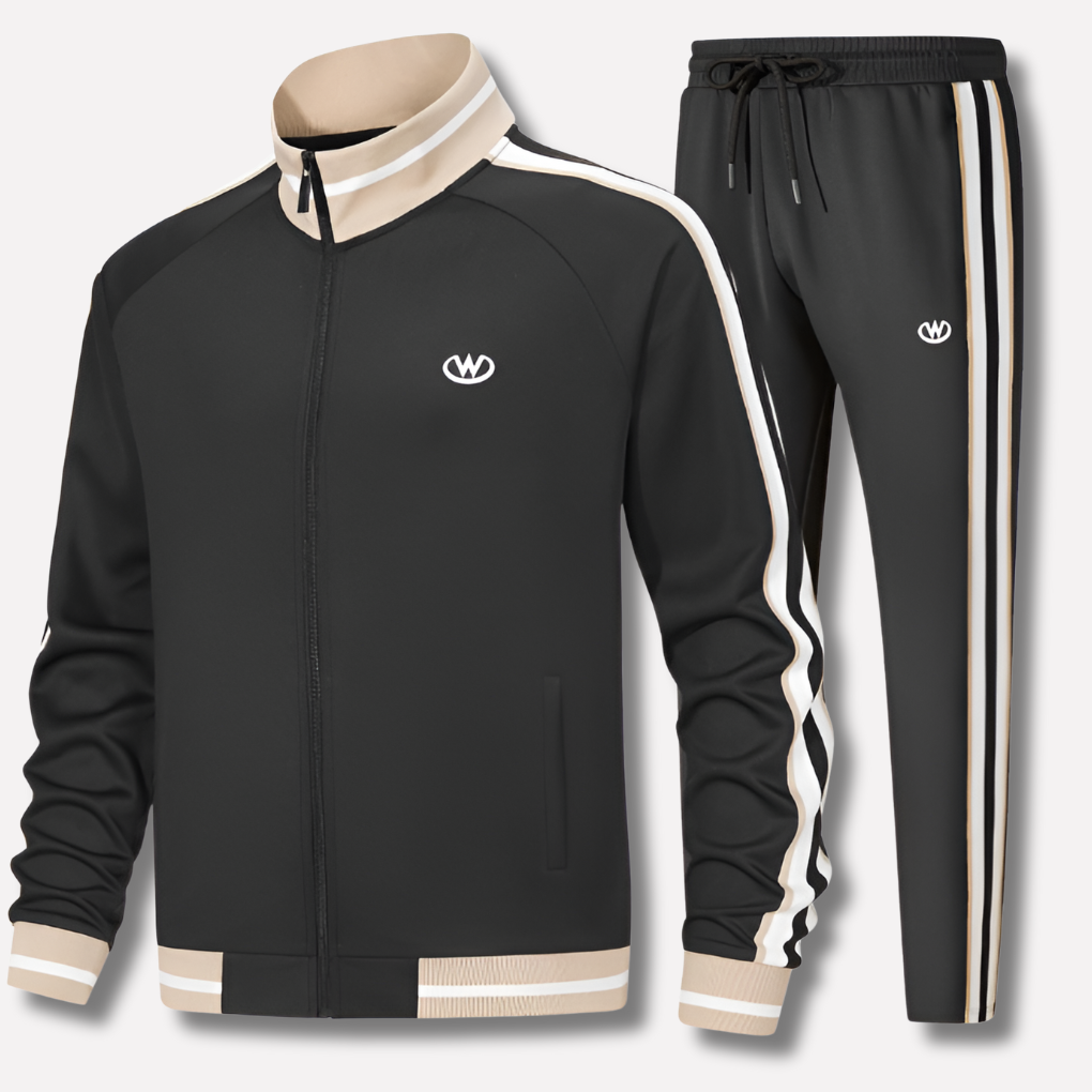 Men's athletic tracksuit set featuring stylish zip jacket and comfortable striped joggers for sporty fashion.