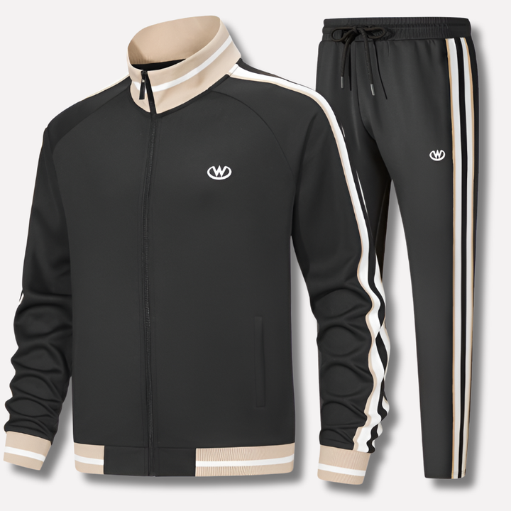 Men's athletic tracksuit set featuring stylish zip jacket and comfortable striped joggers for sporty fashion.