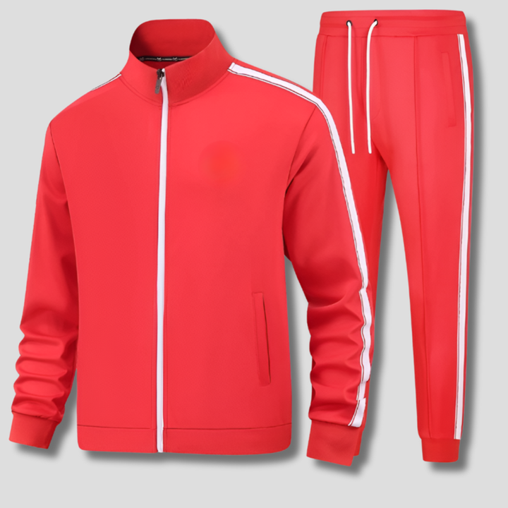 Comfortable men's striped joggers from matching tracksuit set, ideal for gym outfits and everyday wear.