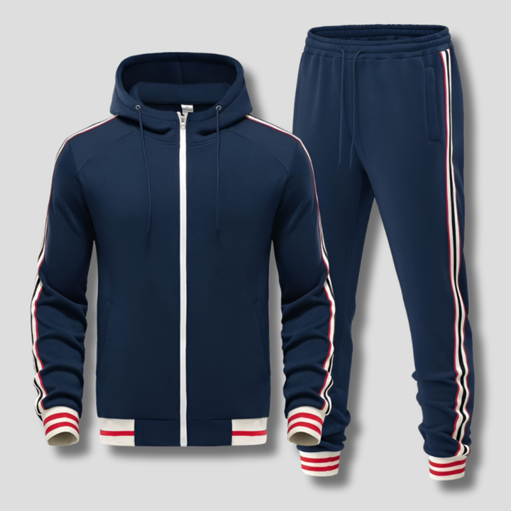 Full view of men's athletic tracksuit set, showcasing a modern zip jacket and sleek striped joggers.