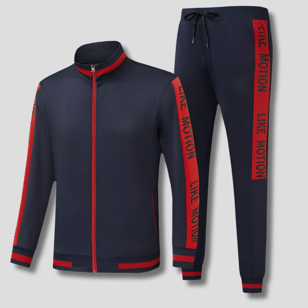 Stylish men's tracksuit, a complete athletic set with a zip jacket and striped joggers for active comfort.