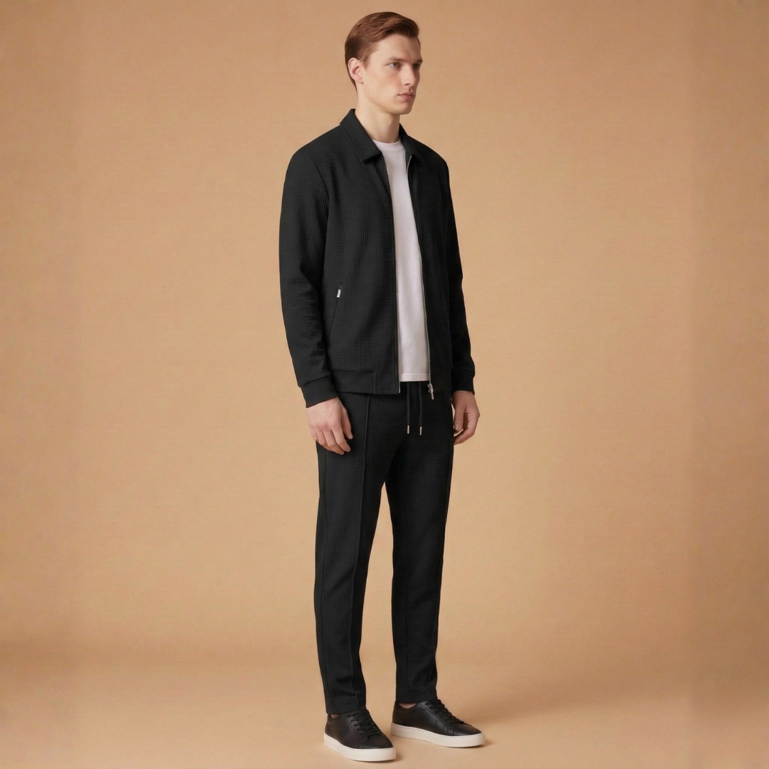 Full view of a men's two-piece tracksuit: zip jacket and matching straight pants.