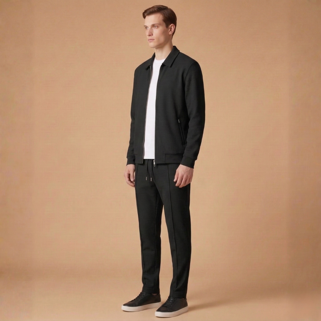 Model wearing a comfortable loungewear tracksuit set with a zip-up jacket.