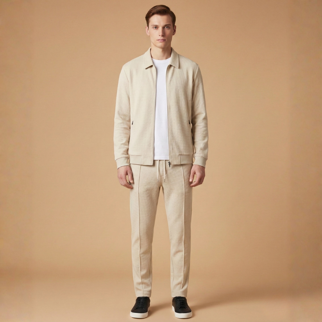 Stylish streetwear tracksuit for men, showcasing a zip jacket and casual pants.