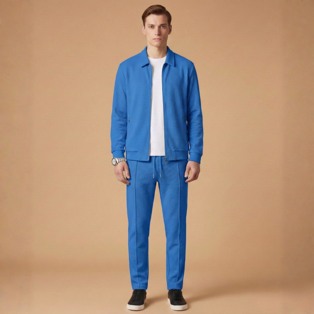 Men's performance activewear tracksuit: zip jacket and coordinated straight pants.